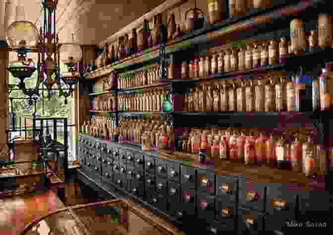 A Dimly Lit Apothecary Shop With Shelves Lined With Jars And Bottles, And An Old Woman Standing In The Shadows. The Lost Apothecary: A Novel