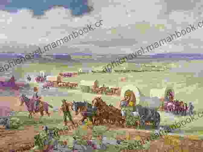 A Painting Depicting A Wagon Train Crossing The Great Plains, With Mountains In The Background Wagons West: The Epic Story Of America S Overland Trails