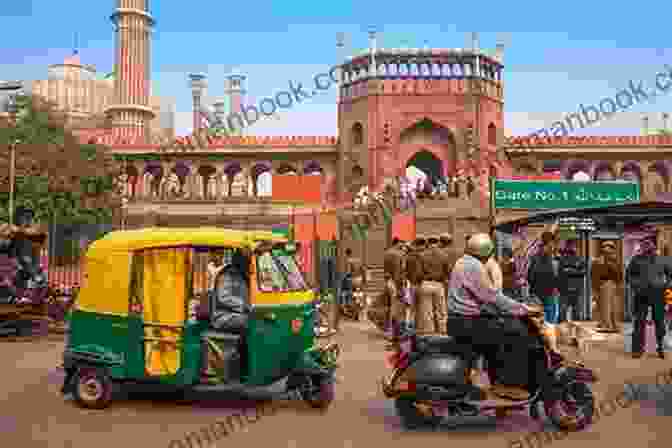 A Vibrant Indigo Colored Rickshaw Stands On A Cobblestone Street In Old Delhi, India. Indigo Rick Shaw